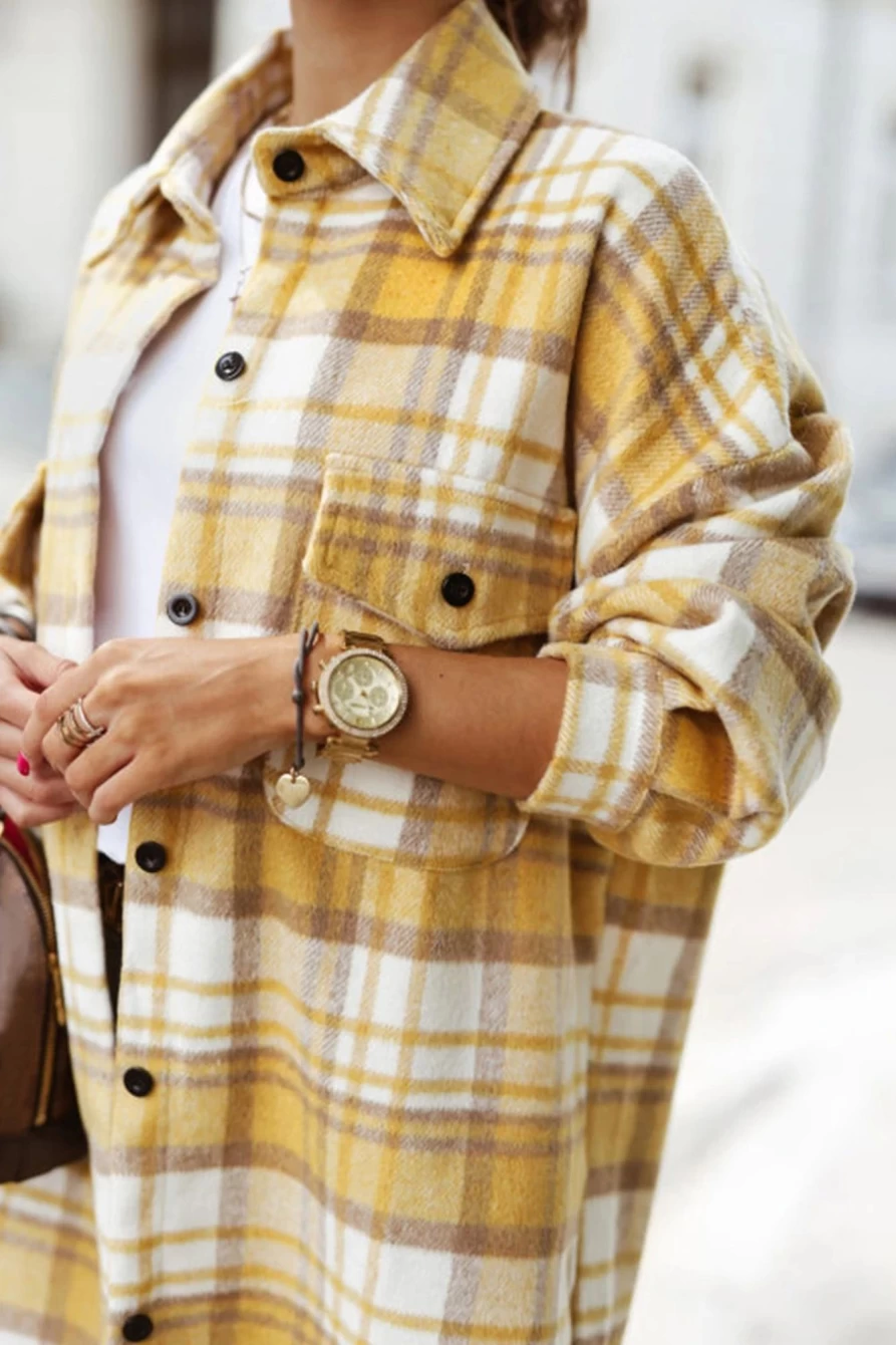 Women's Yellow Plaid Print Shacket with Flap Pockets - Shewin Long Sleeve Overshirt