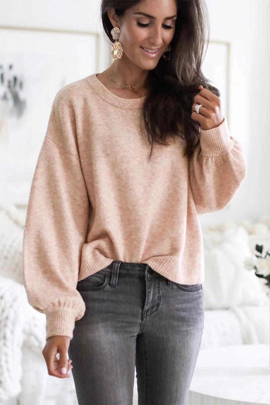 Shewin Women's Pink Ribbed Trim Balloon Sleeve Sweater - Cozy Knit Pullover Top