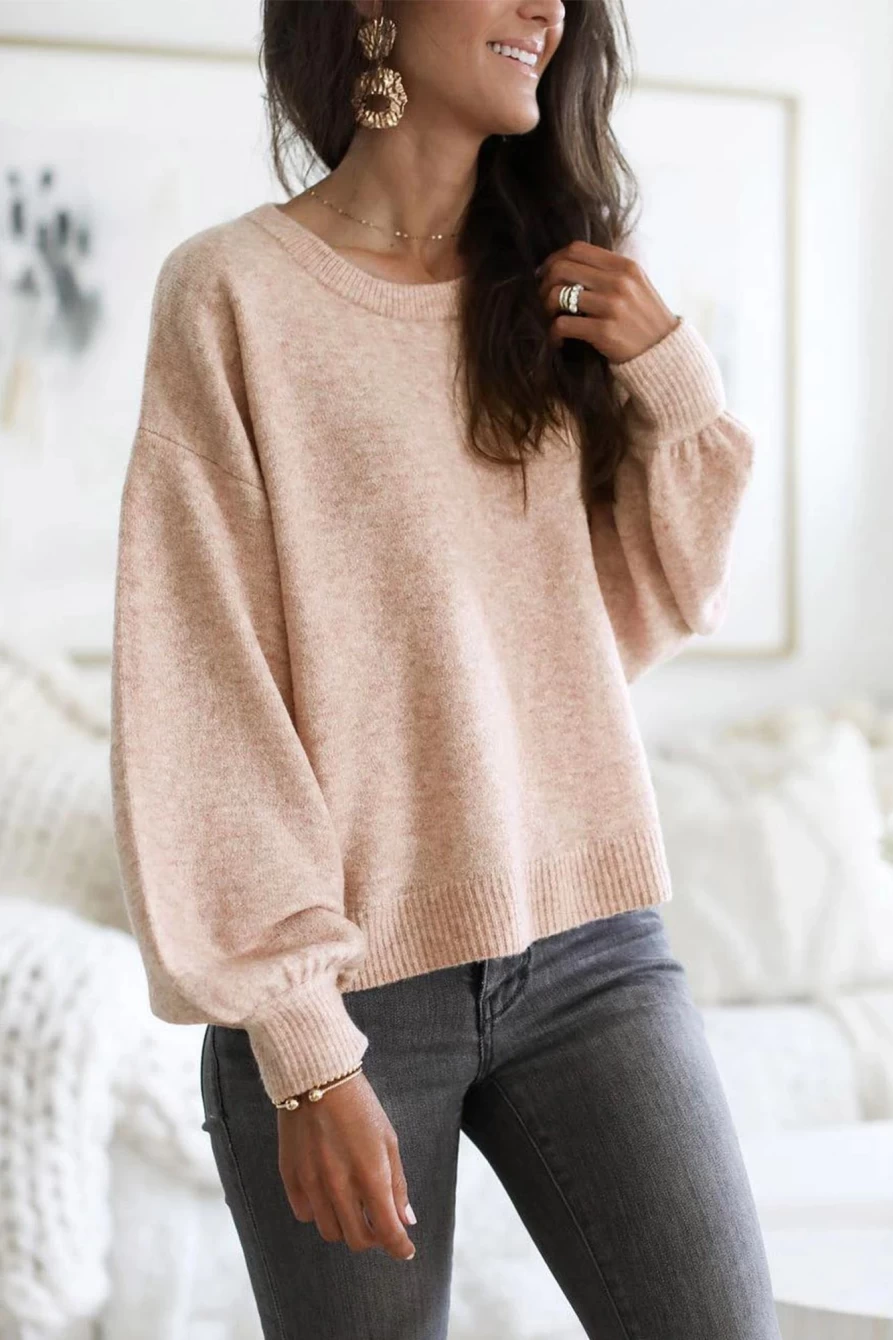 Shewin Women's Pink Ribbed Trim Balloon Sleeve Sweater - Cozy Knit Pullover Top
