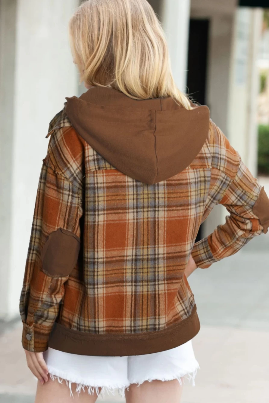 Shewin Women's Chestnut Plaid Patchwork Hooded Jacket with Frayed Trim & Snap Buttons