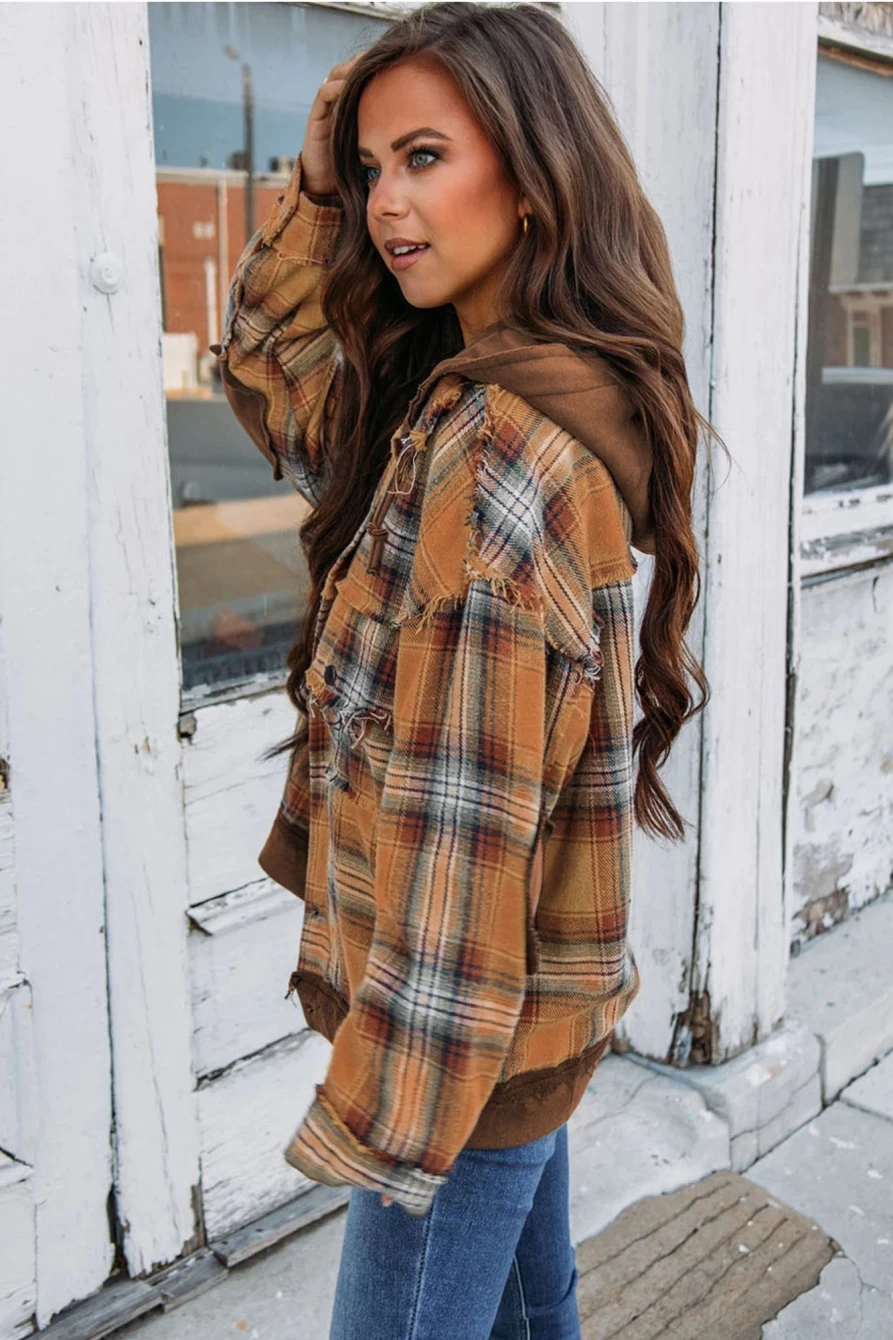 Shewin Women's Chestnut Plaid Patchwork Hooded Jacket with Frayed Trim & Snap Buttons
