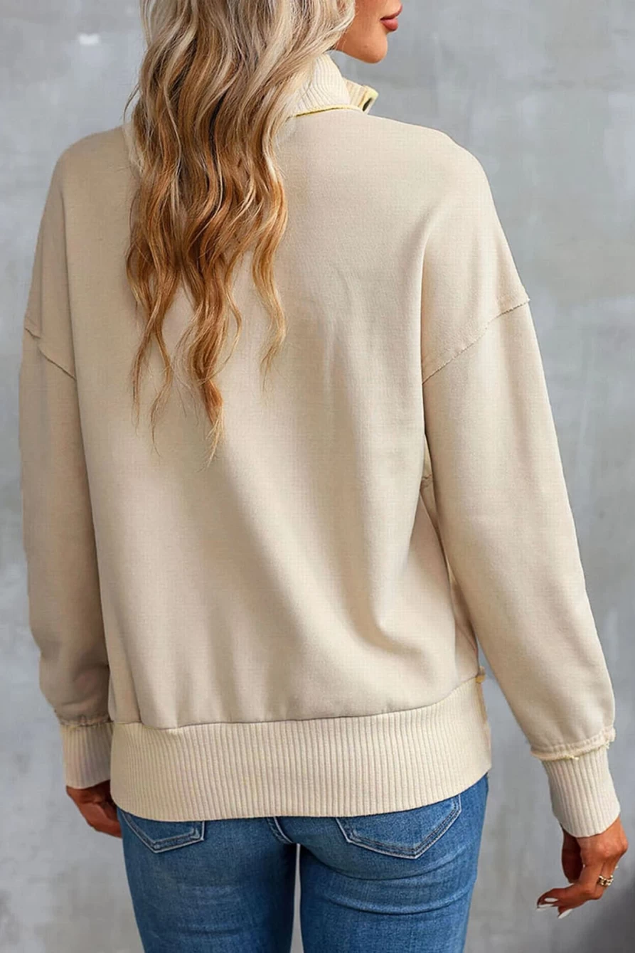 Women's Khaki Ribbed Trim Sweatshirt with Snap Button Collar & Kangaroo Pocket | SHEWIN
