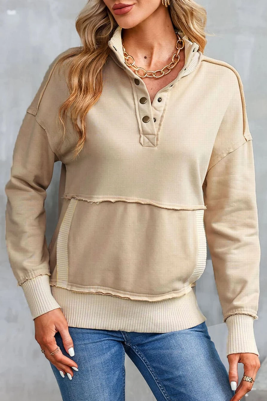 Women's Khaki Ribbed Trim Sweatshirt with Snap Button Collar & Kangaroo Pocket | SHEWIN