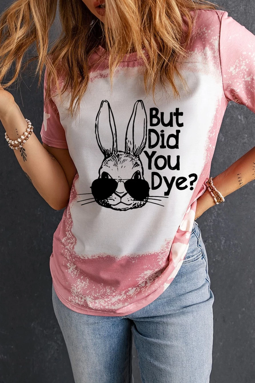 Shewin Women's Pink Tie Dye Easter Rabbit Graphic Crewneck T-Shirt