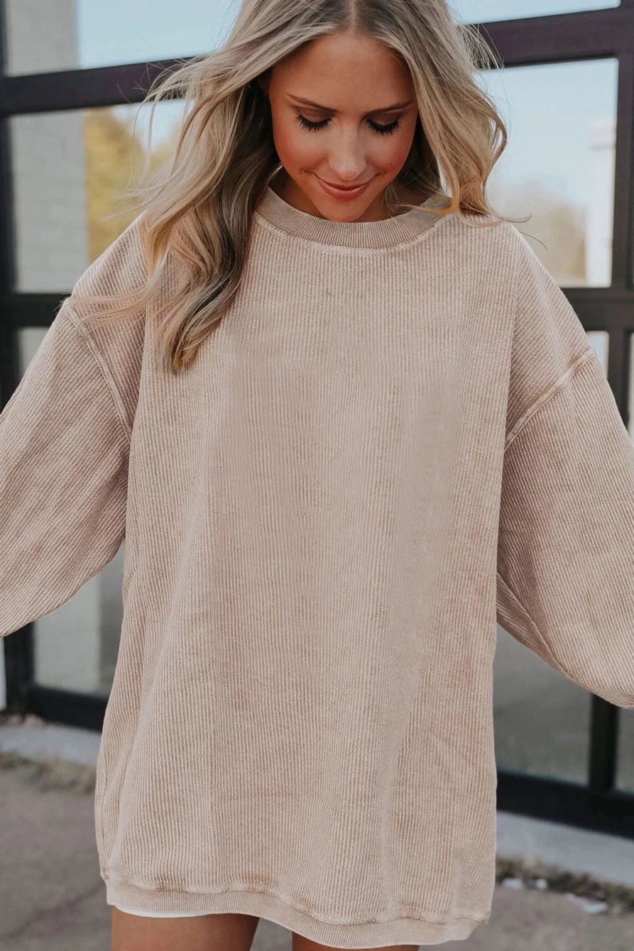 Shewin Women's Apricot Drop Shoulder Oversized Ribbed Sweatshirt