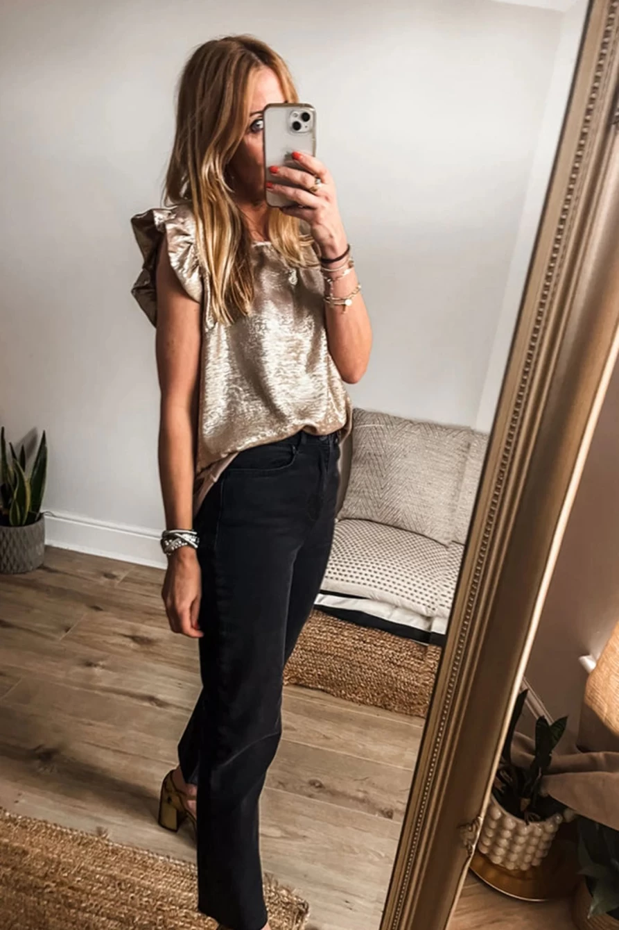 Shewin Women's Gold Metallic Ruffle Shoulder Blouse - Elegant Solid Color Top