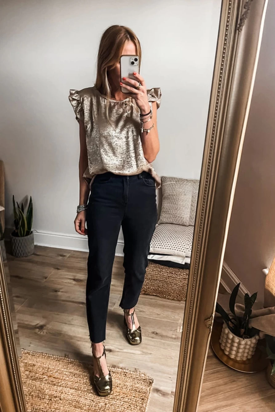 Shewin Women's Gold Metallic Ruffle Shoulder Blouse - Elegant Solid Color Top