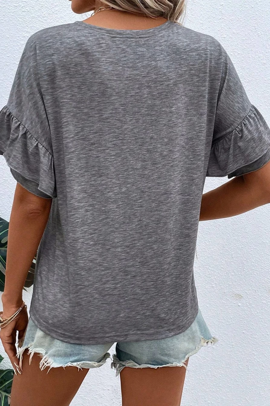 Women's Shewin Medium Grey Layered Ruffle Short Sleeve T-Shirt