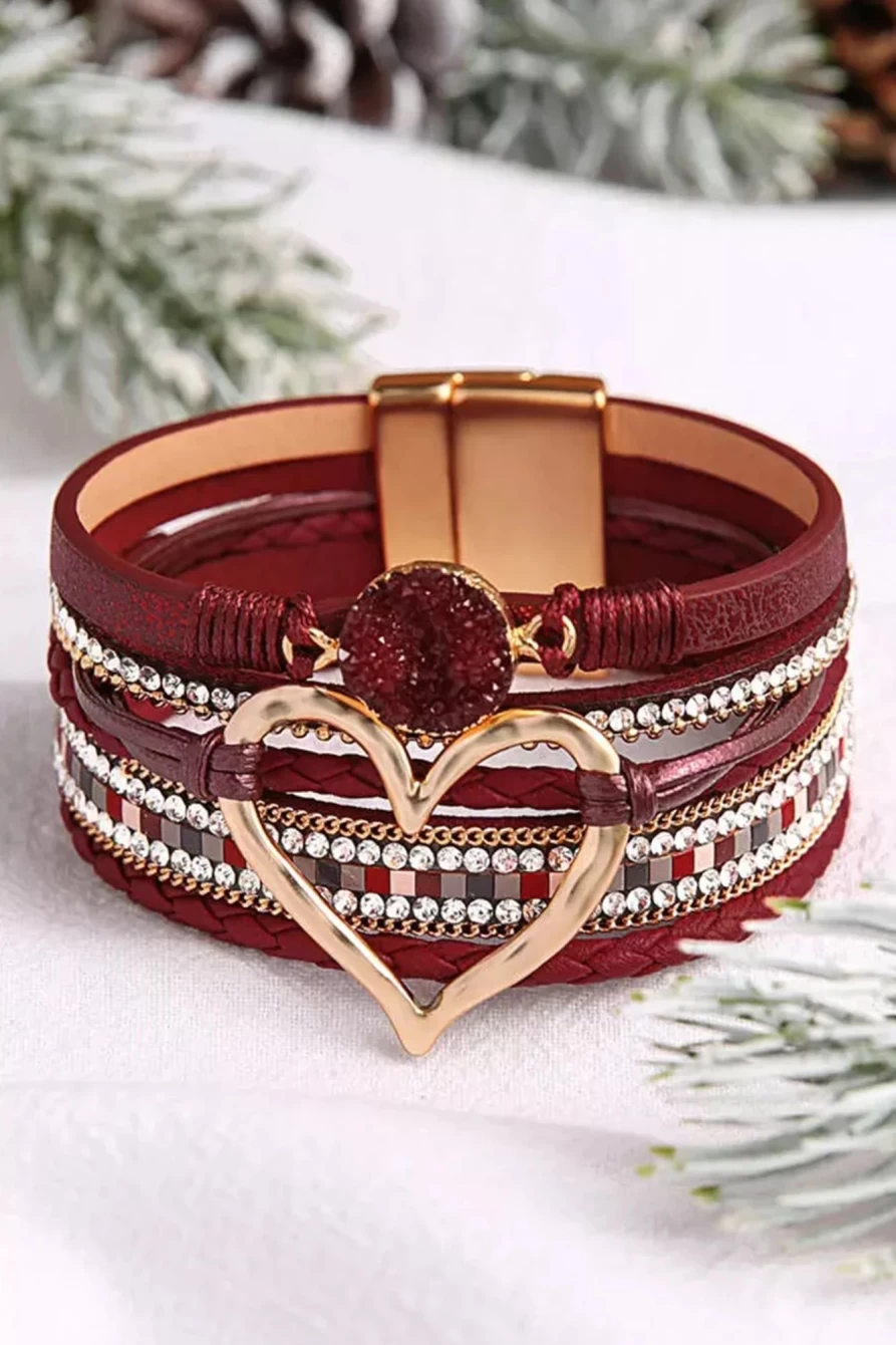 Shewin Fiery Red Rhinestone Heart Bracelet for Women - Valentine's Day Layered Charm Bracelet