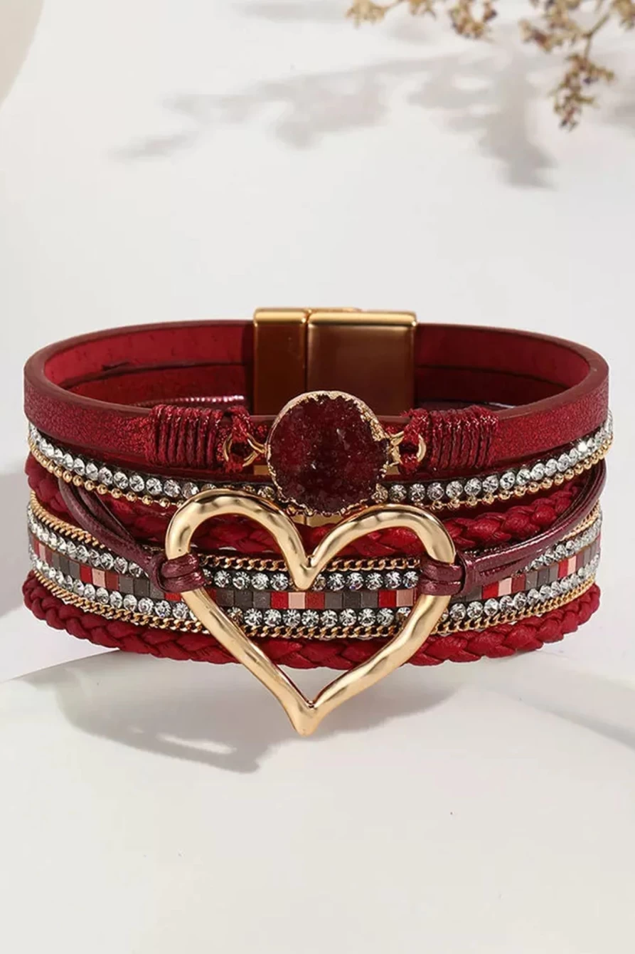 Shewin Fiery Red Rhinestone Heart Bracelet for Women - Valentine's Day Layered Charm Bracelet