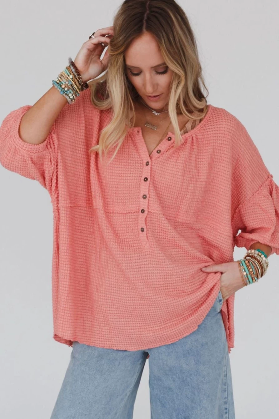 Shewin Women's Pink Waffle Knit Henley Long Sleeve Top with Bracelet Sleeves