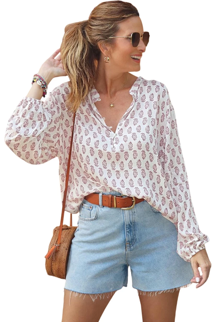 "Shewin Women's White Boho Floral Print Long Sleeve Button Up Blouse"