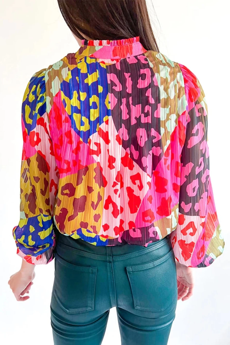 "Shewin Women's Rose Leopard Print Crinkle Blouse with Puff Sleeves Color Block Design"