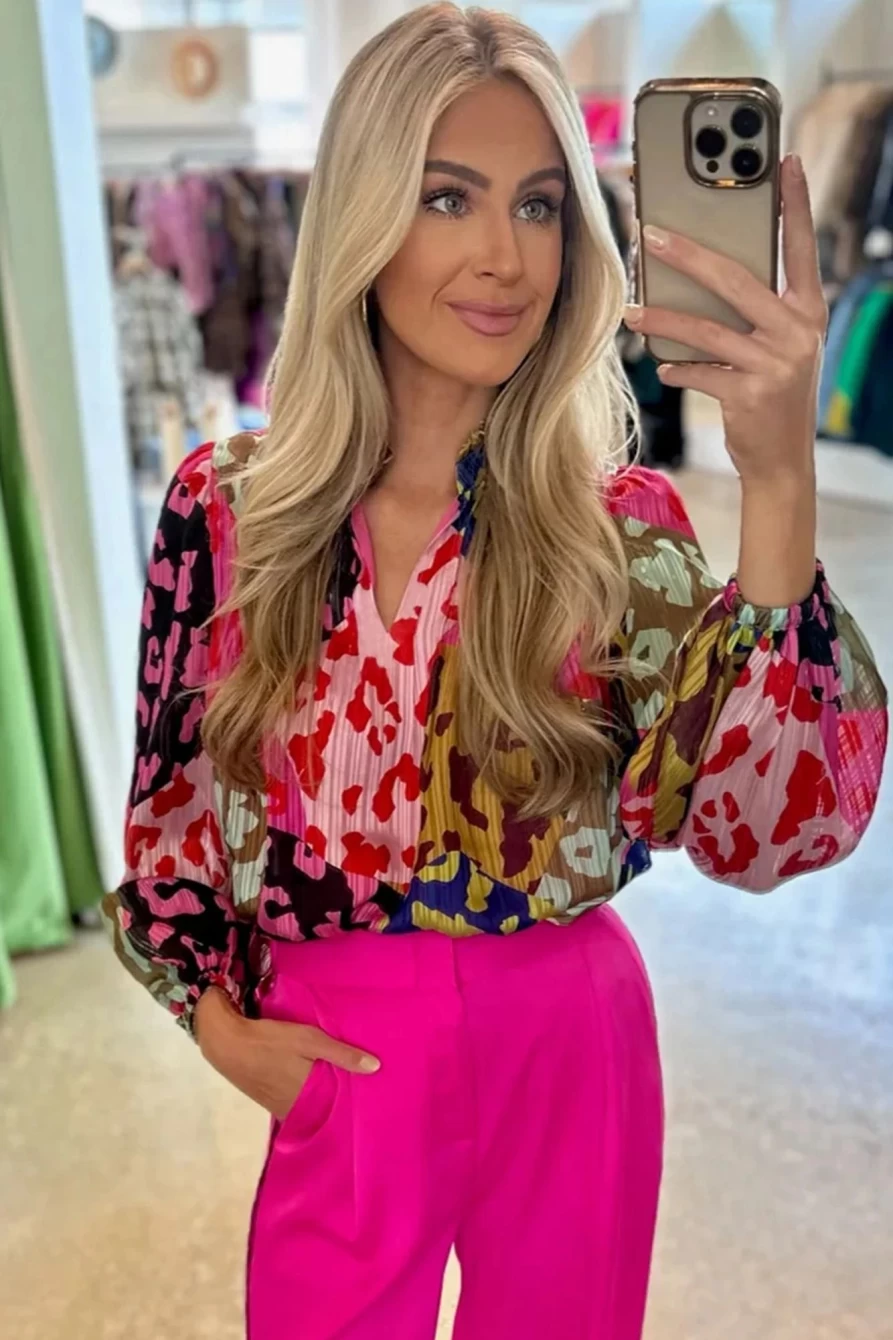 "Shewin Women's Rose Leopard Print Crinkle Blouse with Puff Sleeves Color Block Design"