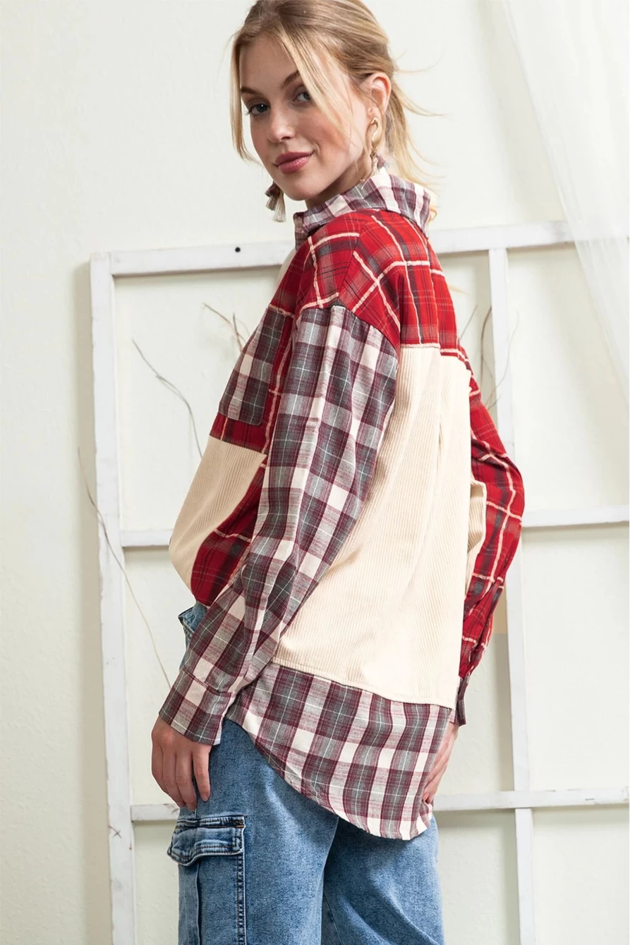 Women's Red Plaid Corduroy Shacket with Color Block & Pocket Details | Shewin Brand