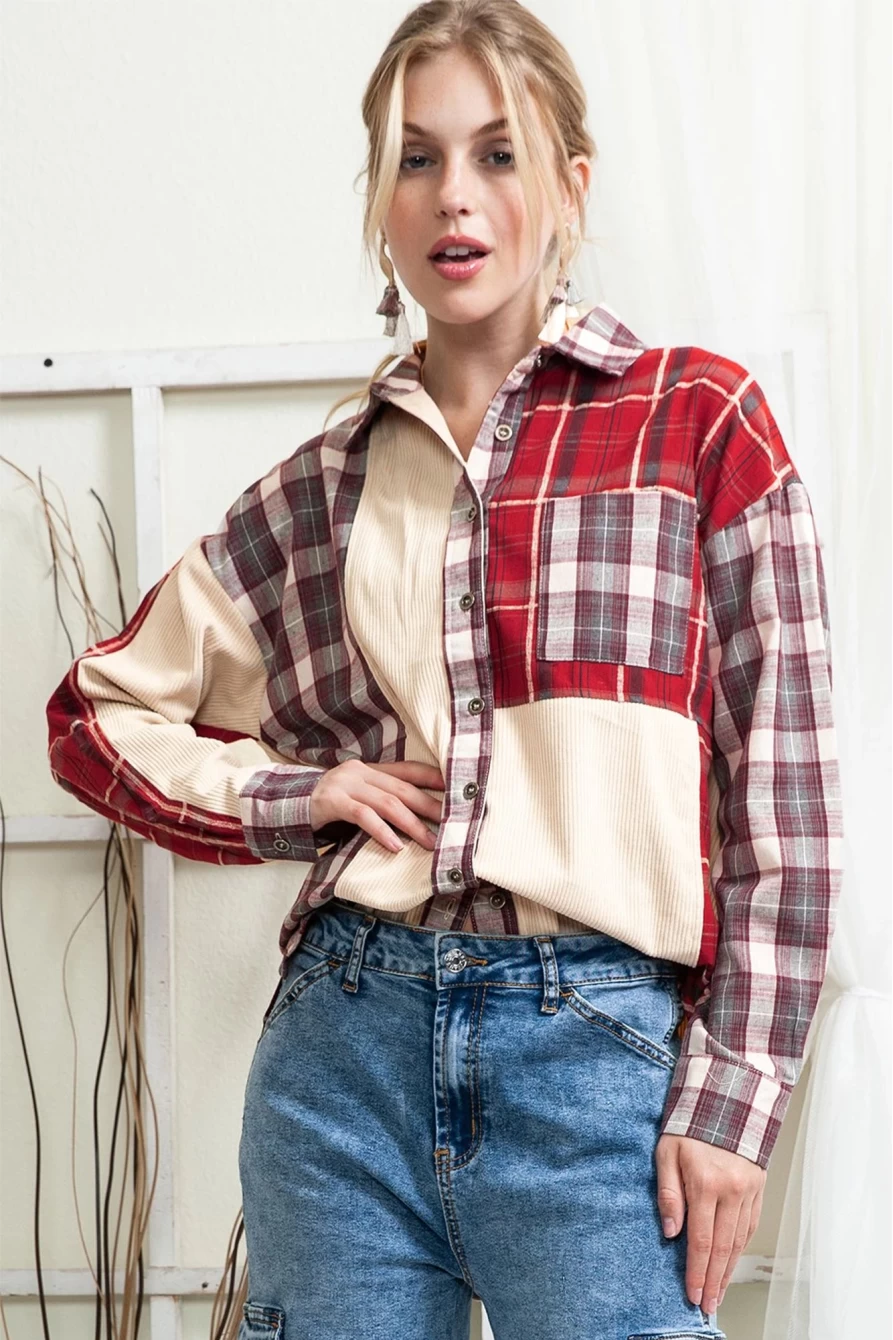 Women's Red Plaid Corduroy Shacket with Color Block & Pocket Details | Shewin Brand