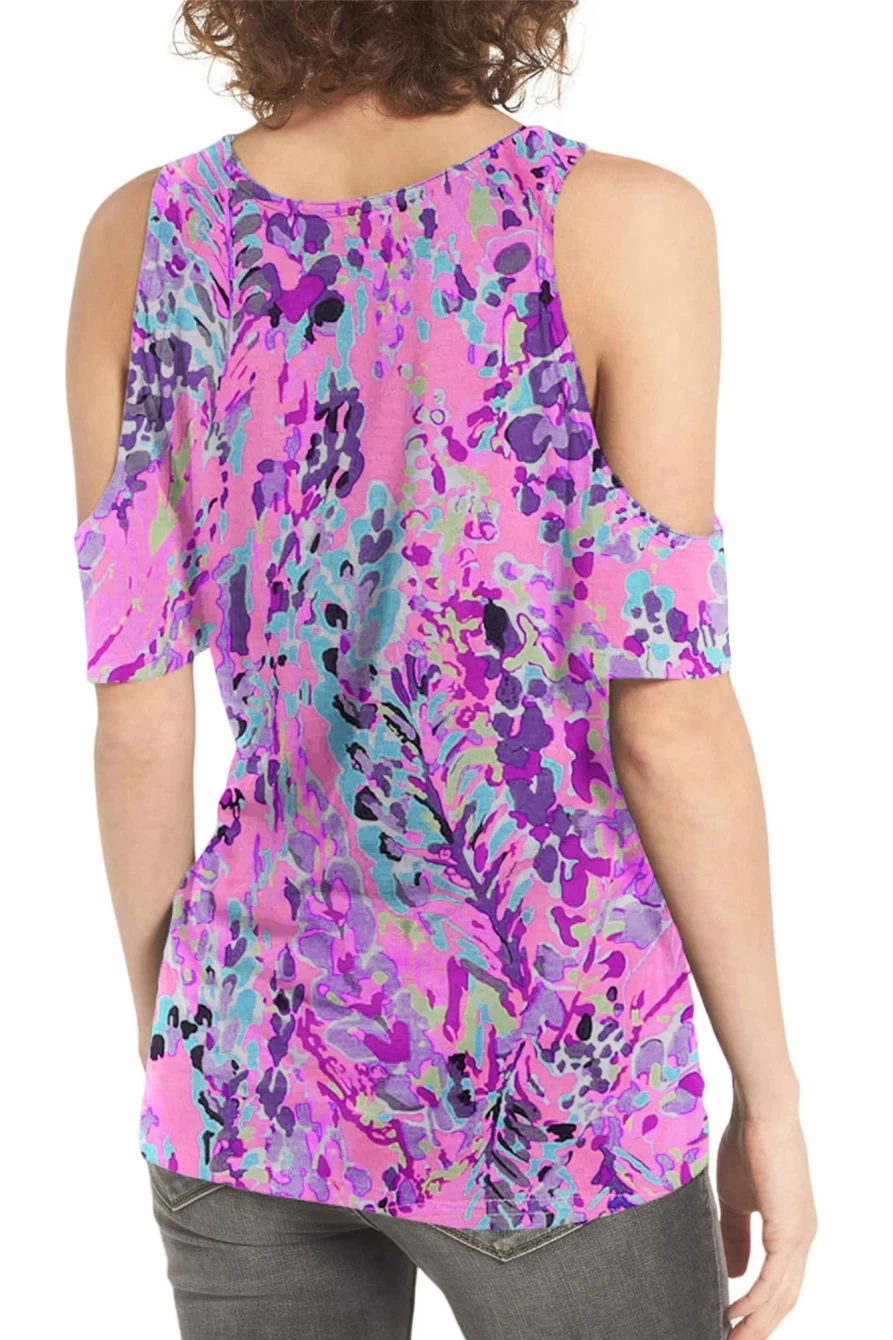 Shewin Women's Multicolor Lavender Abstract Print Cold Shoulder Blouse Short Sleeve Top