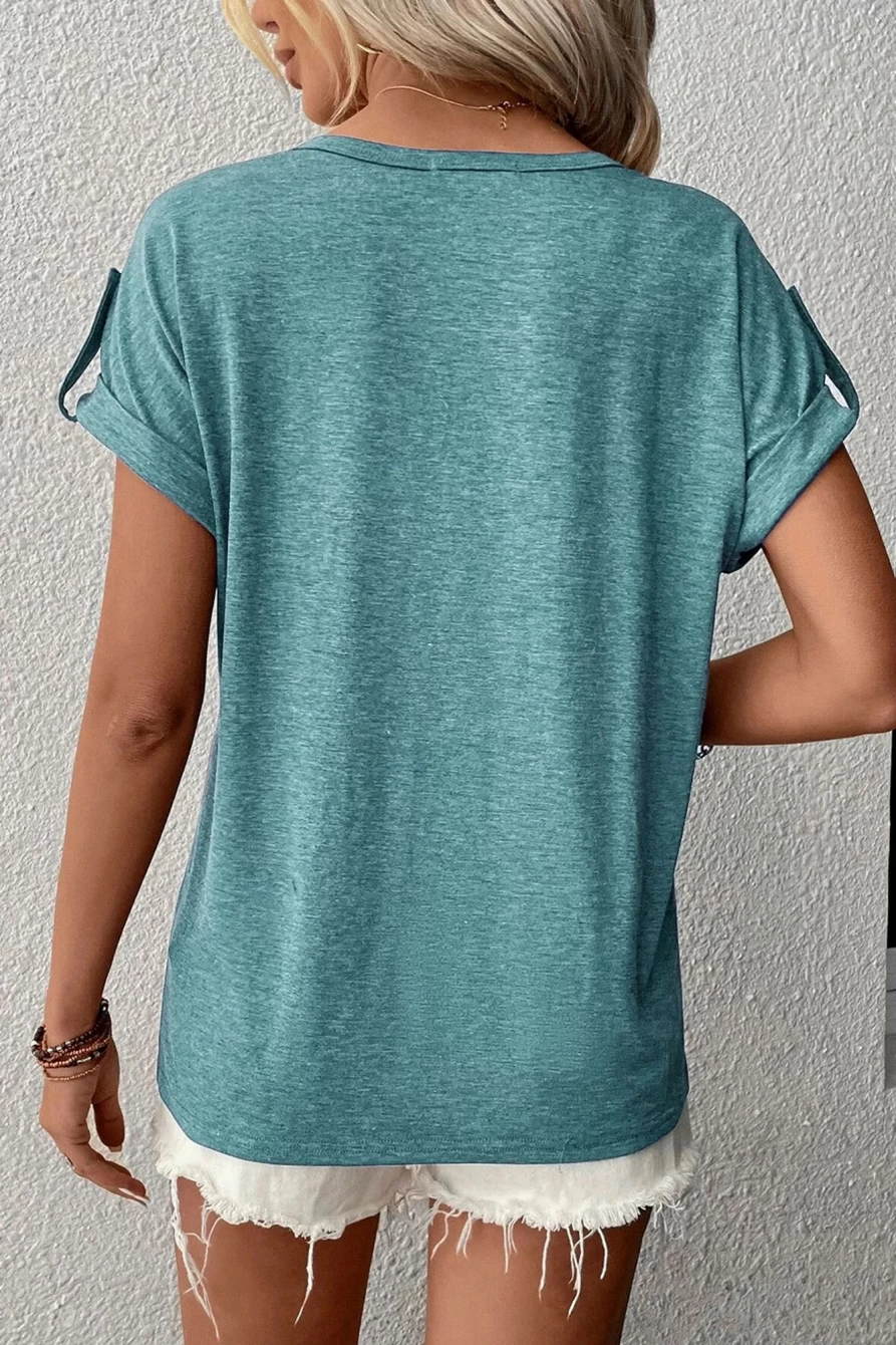 Shewin Women's Sky Blue V-Neck Short Sleeve Button-Up Top