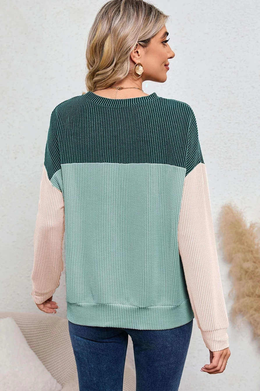 Shewin Women's Green-2 Long Sleeve Loose Fit Color Block Corded Top