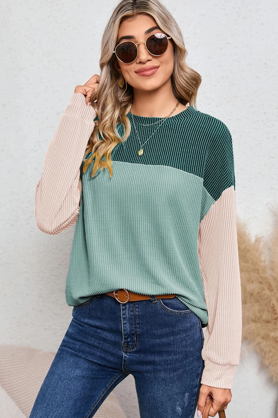 Shewin Women's Green-2 Long Sleeve Loose Fit Color Block Corded Top