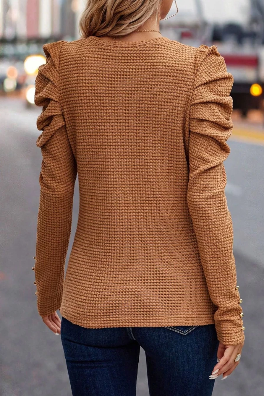 Shewin Women's Chestnut Textured Ruched Long Sleeve Solid Color Top