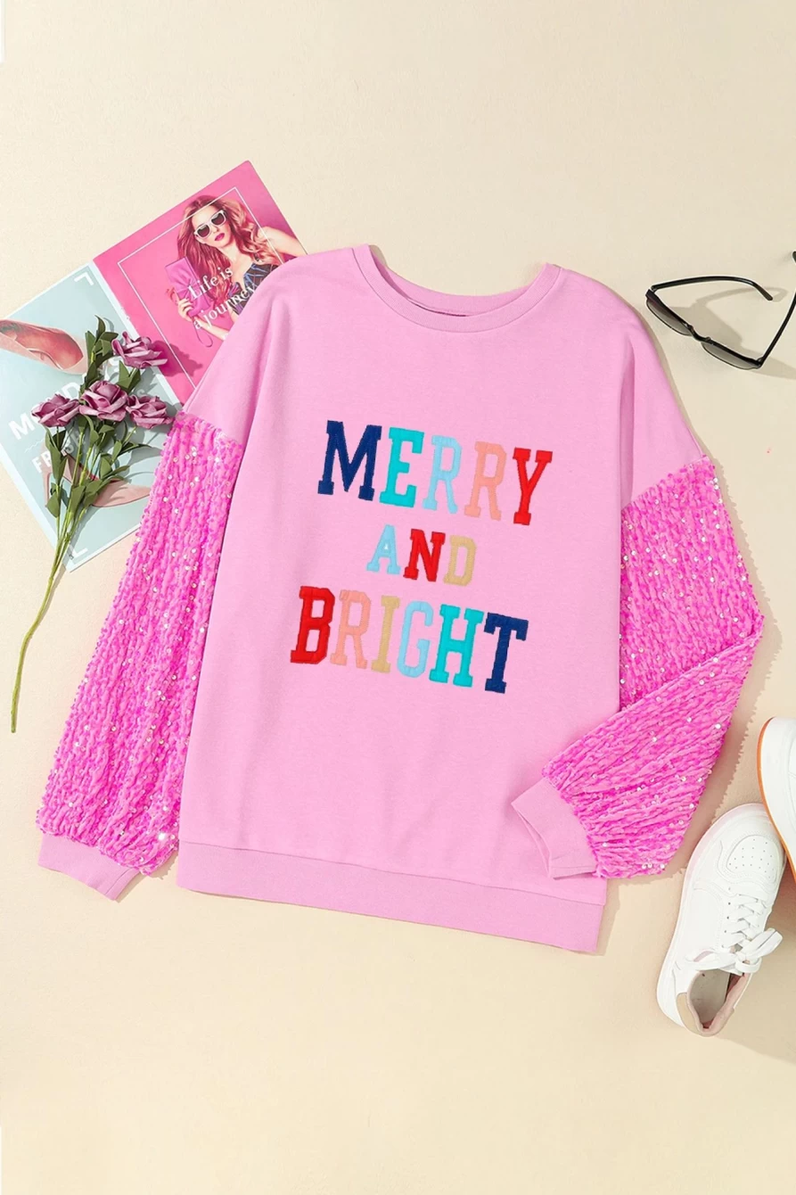 Shewin Women's Pink Merry And Bright Sequin Sleeve Graphic Sweatshirt