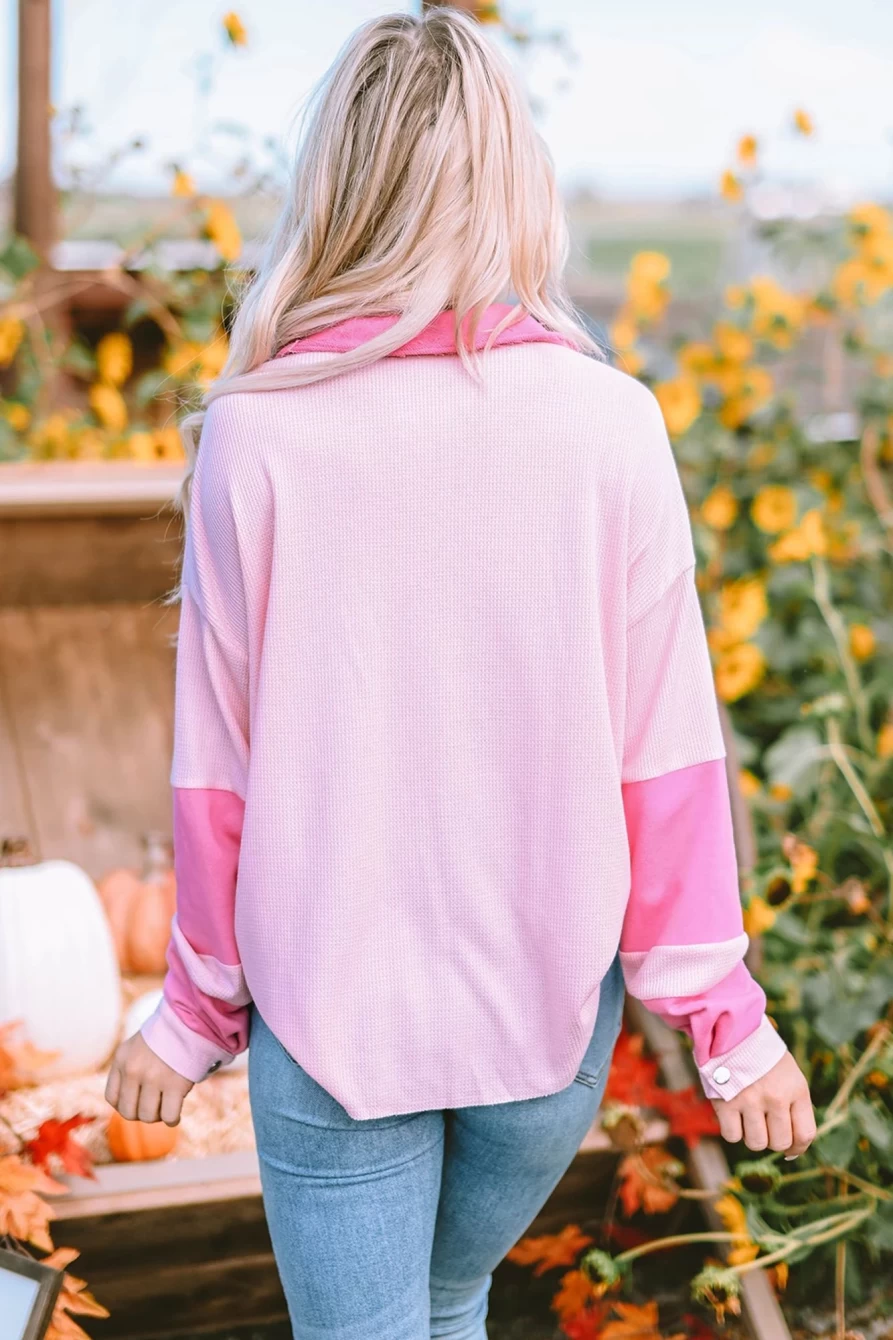 Women's Pink Colorblock Waffle Patchwork Shacket with Flap Pockets by Shewin