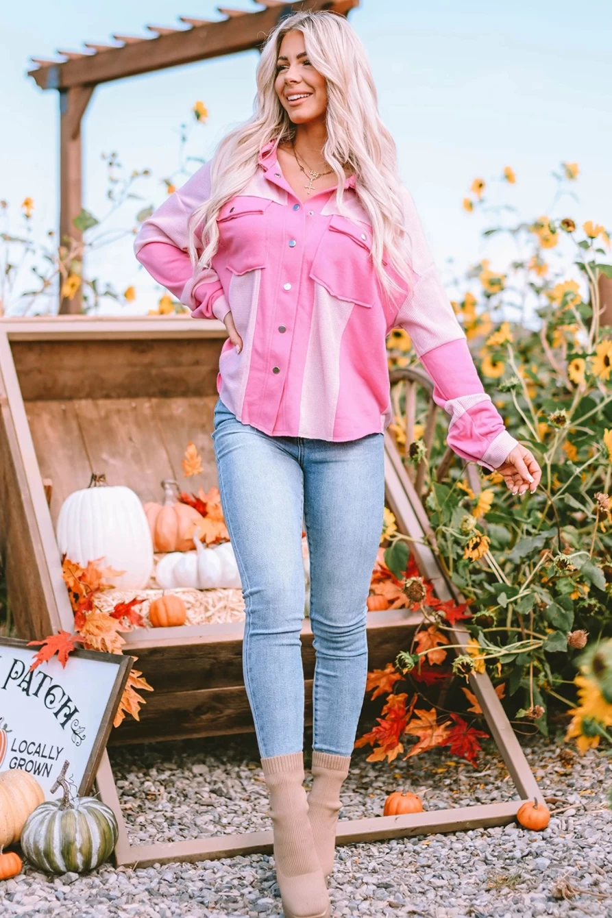 Women's Pink Colorblock Waffle Patchwork Shacket with Flap Pockets by Shewin