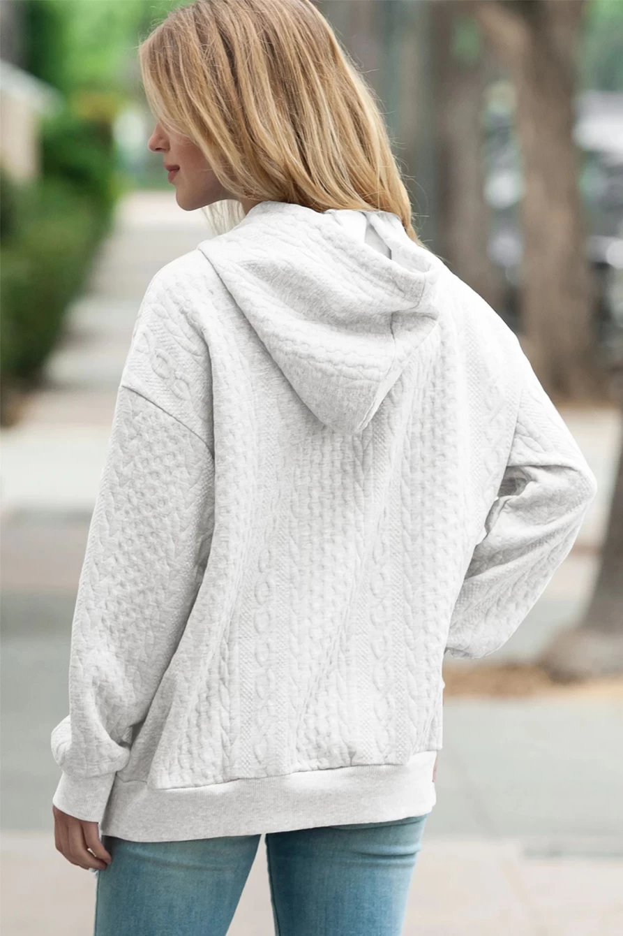 Shewin Women's White Cable Knit Casual Drawstring Hoodie Sweatshirt