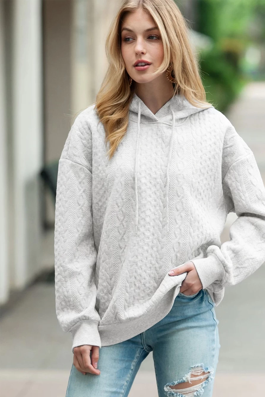 Shewin Women's White Cable Knit Casual Drawstring Hoodie Sweatshirt