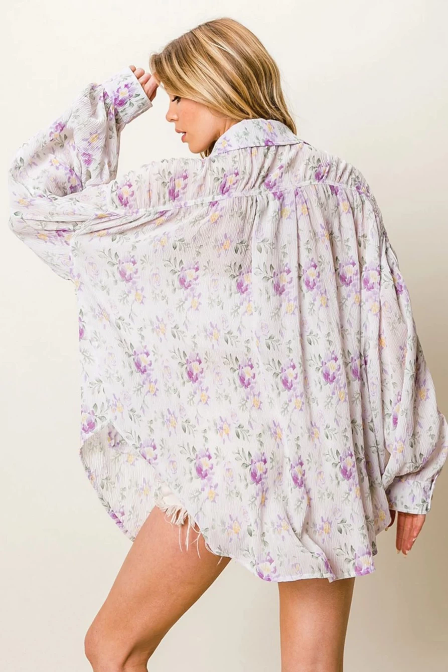 Shewin Women's Purple Floral Print Oversized Long Sleeve Button-Up Shirt