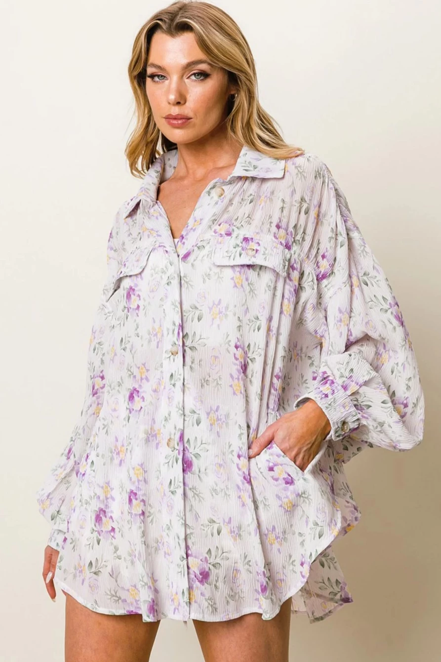 Shewin Women's Purple Floral Print Oversized Long Sleeve Button-Up Shirt