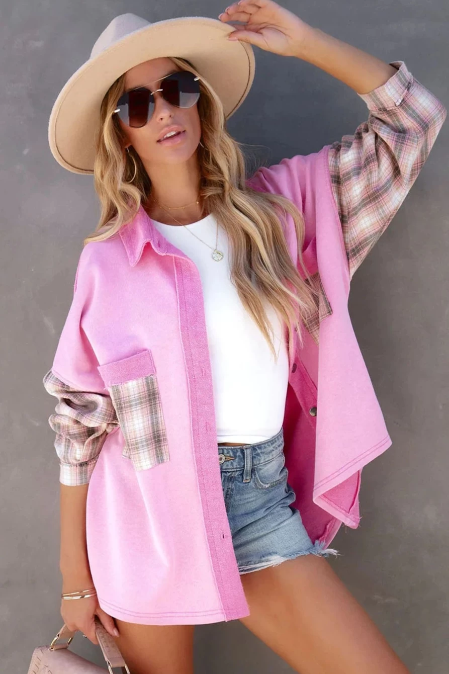 Women's Rose Plaid Patchwork Shacket by Shewin - Oversized Shirt with Chest Pockets
