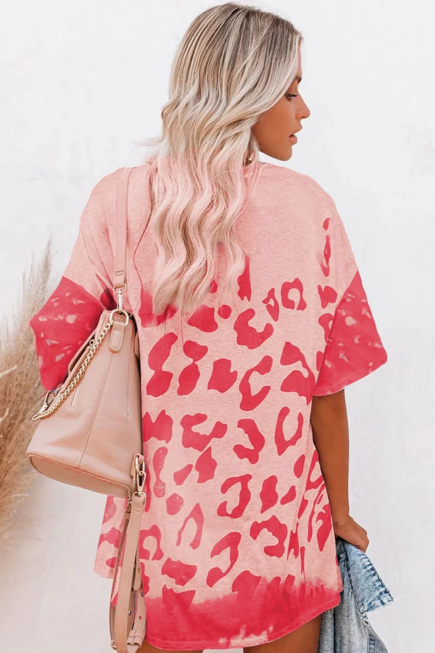 Shewin Women's Pink Leopard Print Boyfriend Tunic T-Shirt - Casual Bleached Oversized Top