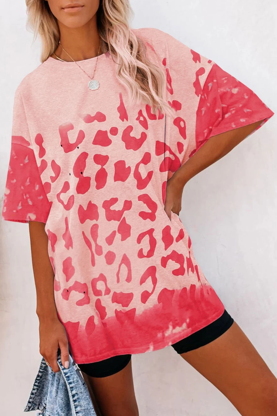 Shewin Women's Pink Leopard Print Boyfriend Tunic T-Shirt - Casual Bleached Oversized Top
