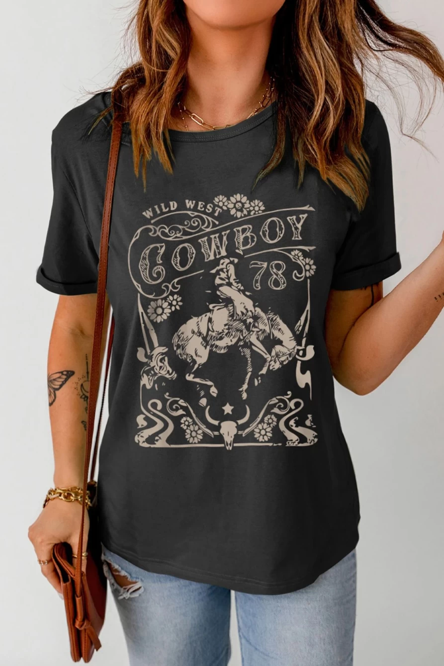 Shewin Women's Black Western Cowboy Graphic Print Crew Neck T-Shirt