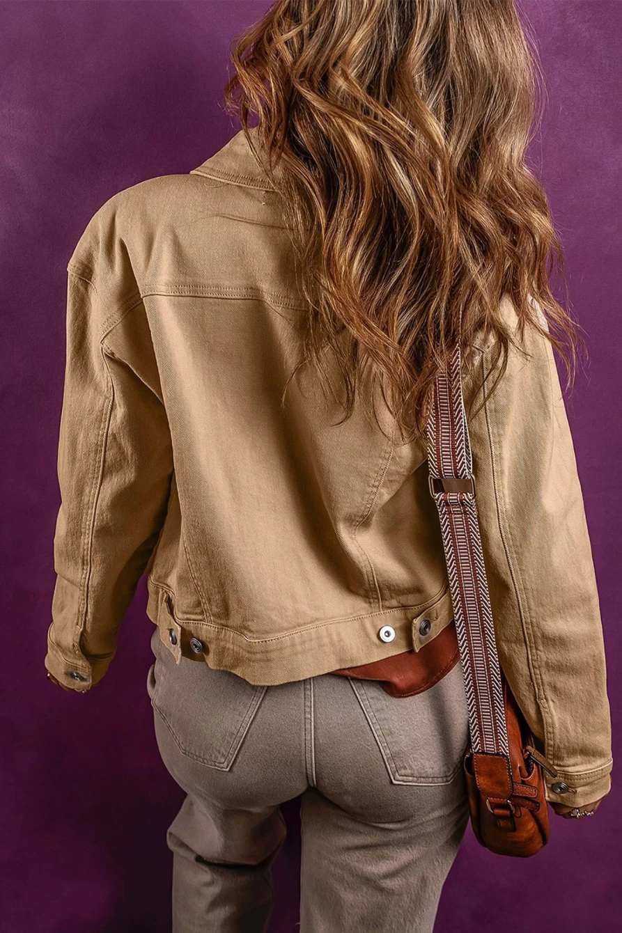 Women's Flaxen Denim Jacket with Solid Flap Pockets & Metal Buttons | Shewin