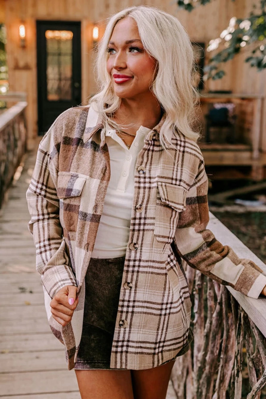 Shewin Women's Parchment Contrast Plaid Shacket with Patchwork Flap Pockets