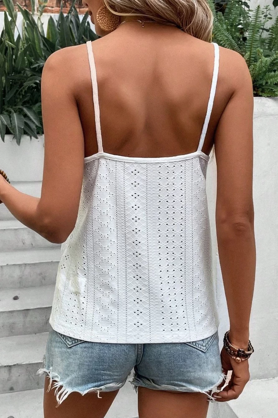 Shewin Women's White Lace Eyelet Spaghetti Strap Cami Top