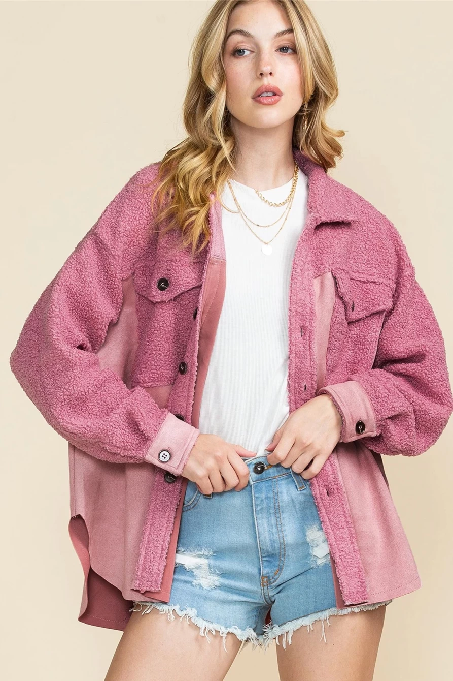 Women's Pink Colorblock Sherpa Jacket with Buttoned Flap Pockets | Shewin