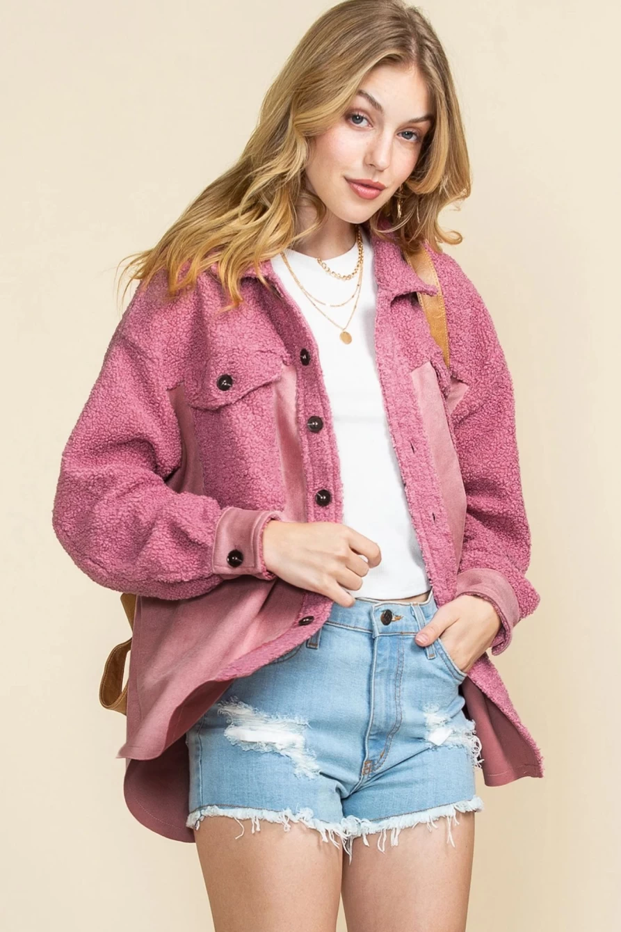 Women's Pink Colorblock Sherpa Jacket with Buttoned Flap Pockets | Shewin