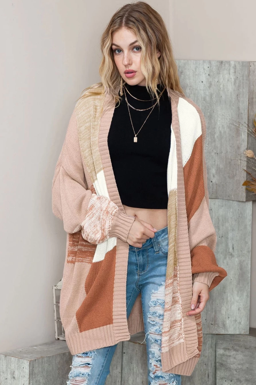 Shewin Women's Khaki Open Front Drop Shoulder Slouchy Cardigan Sweater