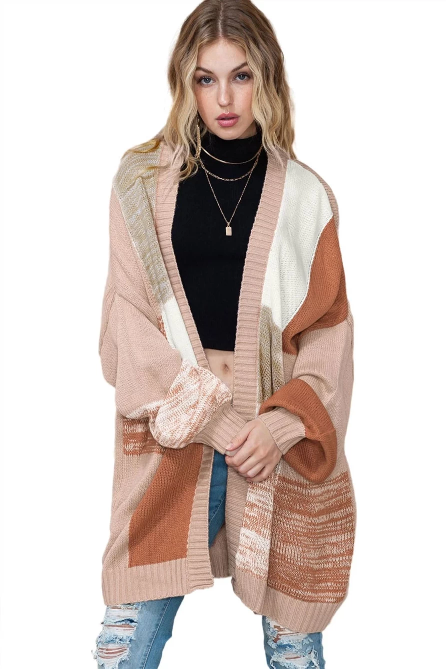 Shewin Women's Khaki Open Front Drop Shoulder Slouchy Cardigan Sweater