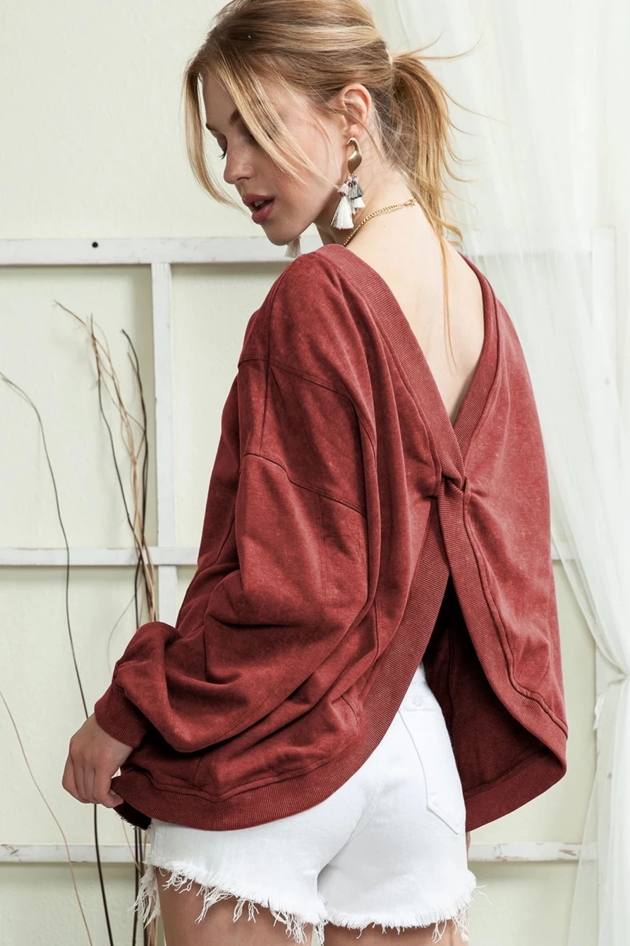 Shewin Women's Red Oversized Sweatshirt with Twist Back Detail & Mineral Wash Effect