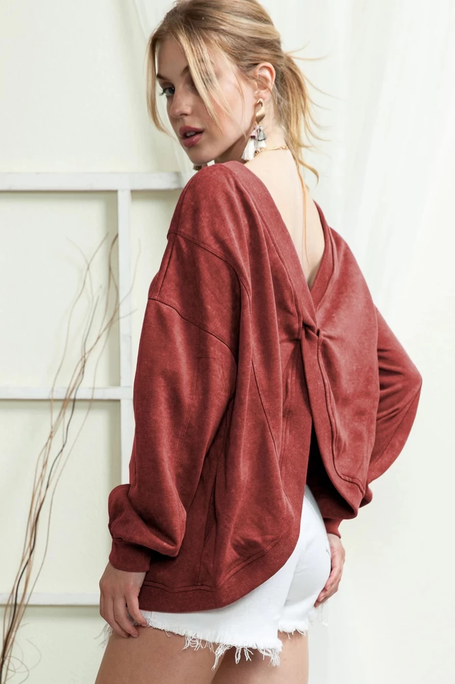 Shewin Women's Red Oversized Sweatshirt with Twist Back Detail & Mineral Wash Effect