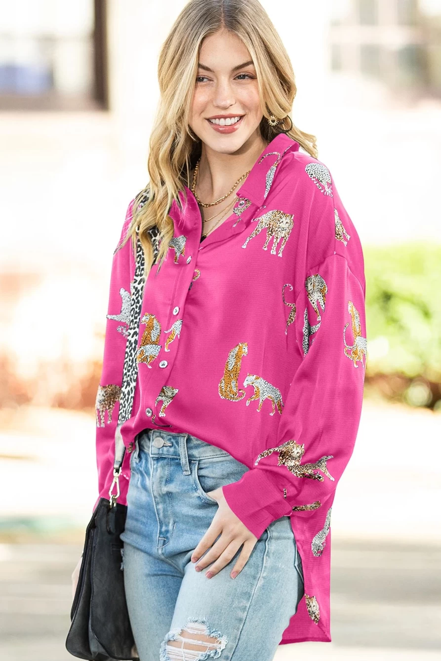 "SheWin Women's Rose Red Animal Print Satin Button-Up Shirt"