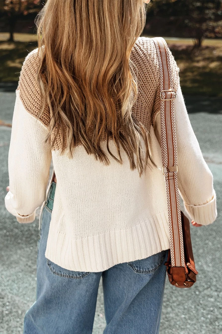 Shewin Women's Parchment Cable Knit Mock Neck Sweater with Patchwork & Side Splits