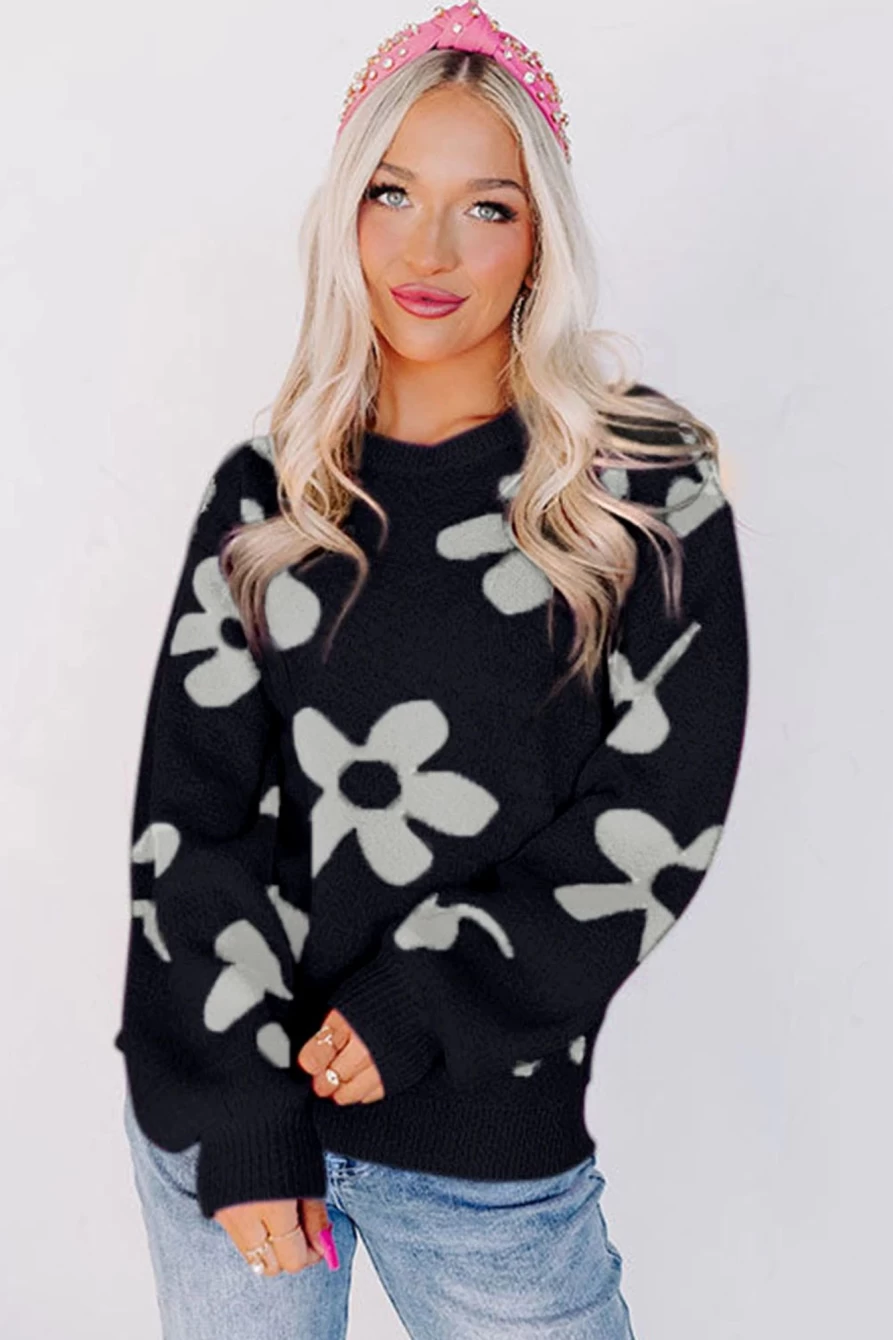 Shewin Women's Black Floral Print Knitted Long Sleeve Pullover Sweater