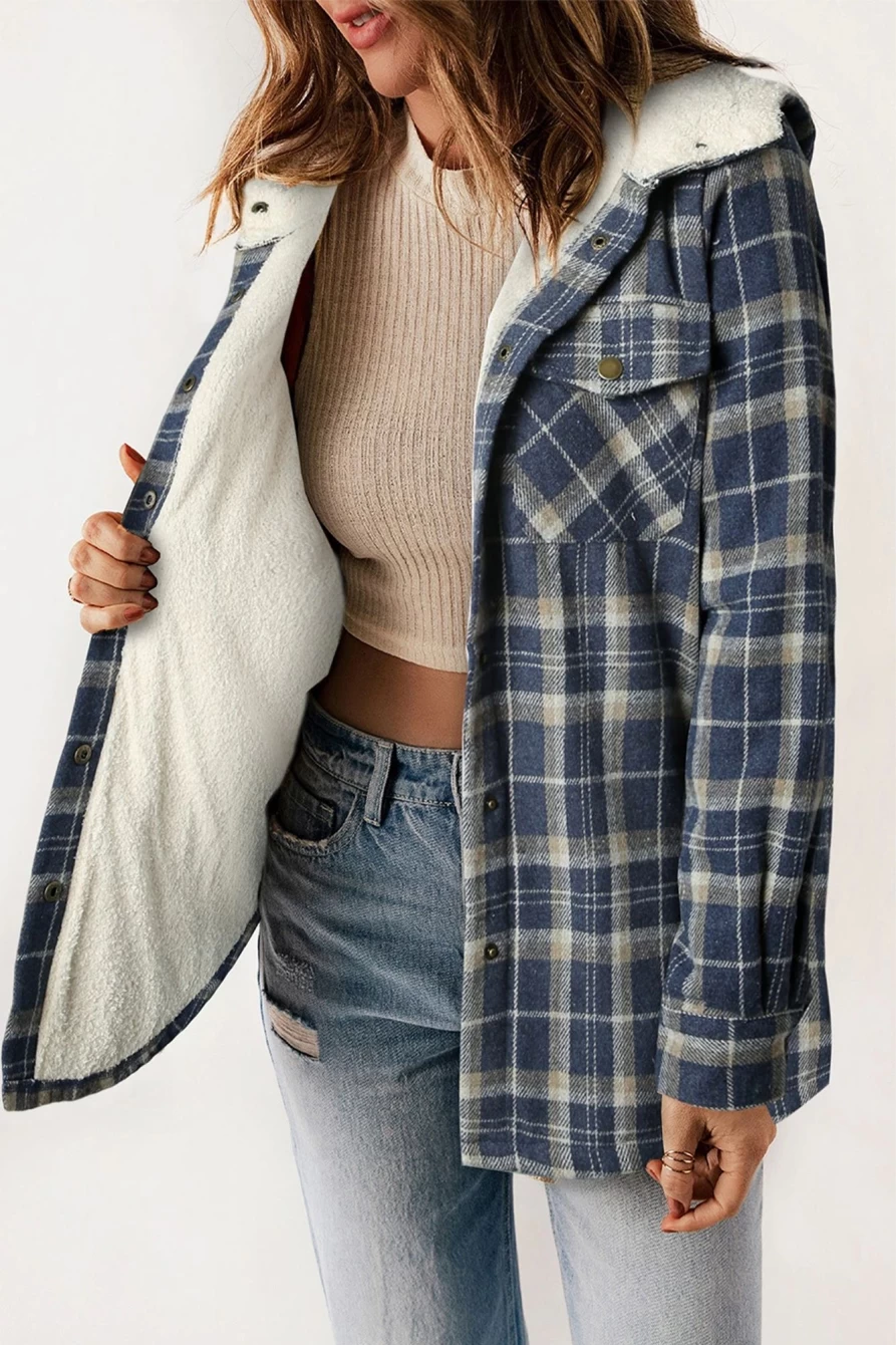 Women's Blue Sherpa Lined Flannel Jacket with Snap Buttons & Hood - Shewin
