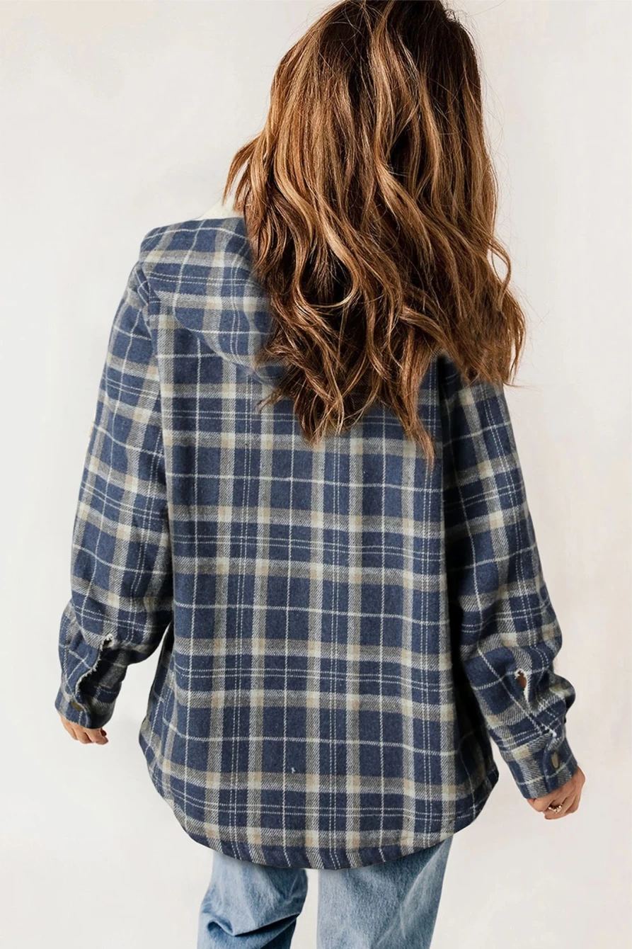 Women's Blue Sherpa Lined Flannel Jacket with Snap Buttons & Hood - Shewin